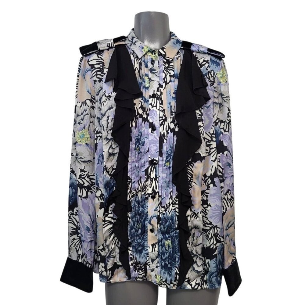 Coach Kaffe Fassett Floral Ruffle Blouse Pleated Bib Button Front Top - Picture 3 of 15